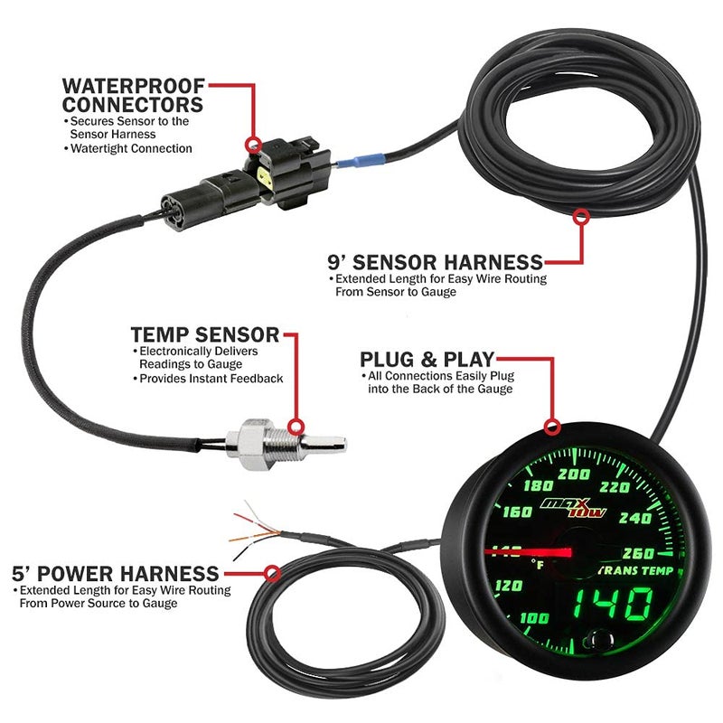 MaxTow Double Vision 260F Transmission Temperature Gauge Kit - Includes 1/8-27 NPT Electronic Sensor & Wiring - Black Dial - Green LED Lighting - Analog & Digital Readouts - for Trucks - 2-1/16" 52mm - Image 3
